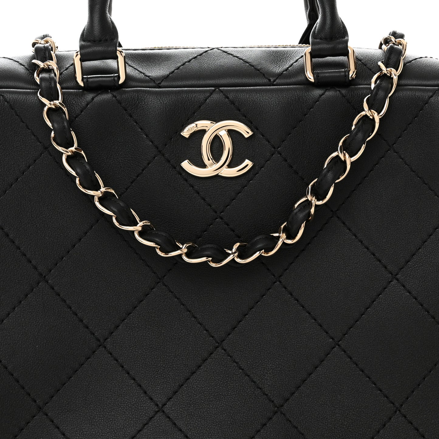 Calfskin Diamond Stitched Top Handle Bowling Bag Black