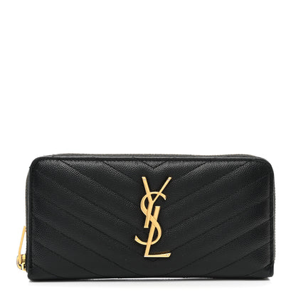 Saint Laurent Grain De Poudre Matelasse Chevron Monogram Zip Around Wallet Black 1 of 7