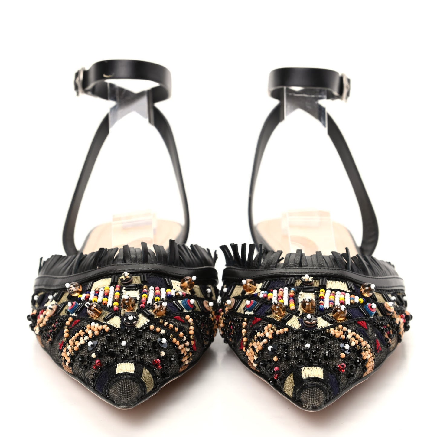 Calfskin Beaded Teddy D Mule Slingback Flats 39.5 Multicolor