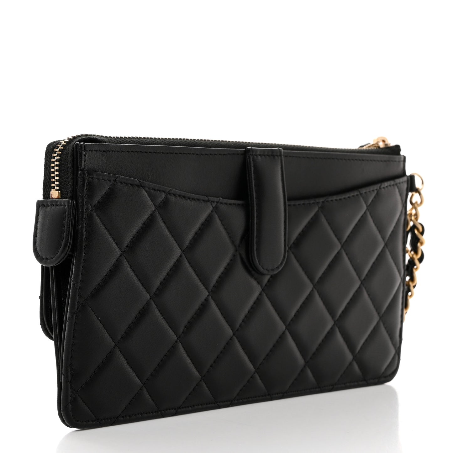 Lambskin Quilted Classic Pouch With Handle Black