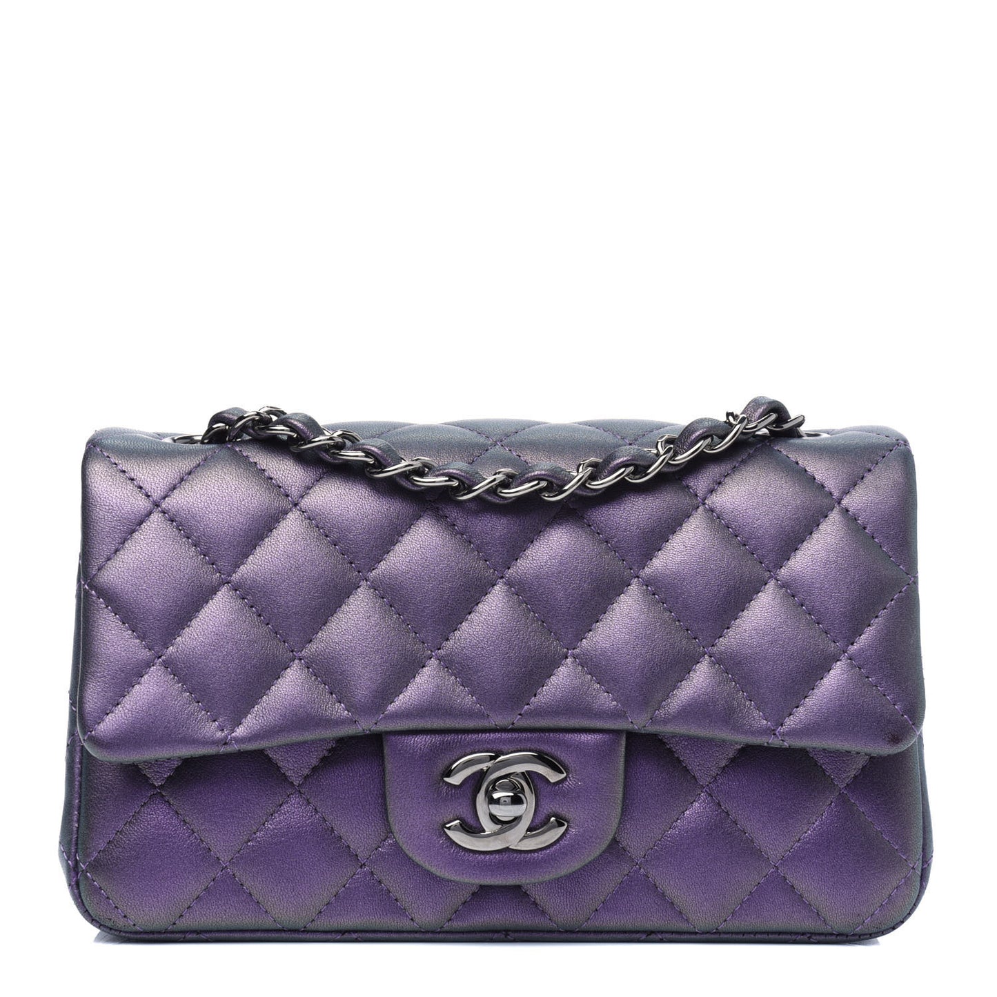 Metallic Lambskin Quilted Mini Rectangular Flap Purple