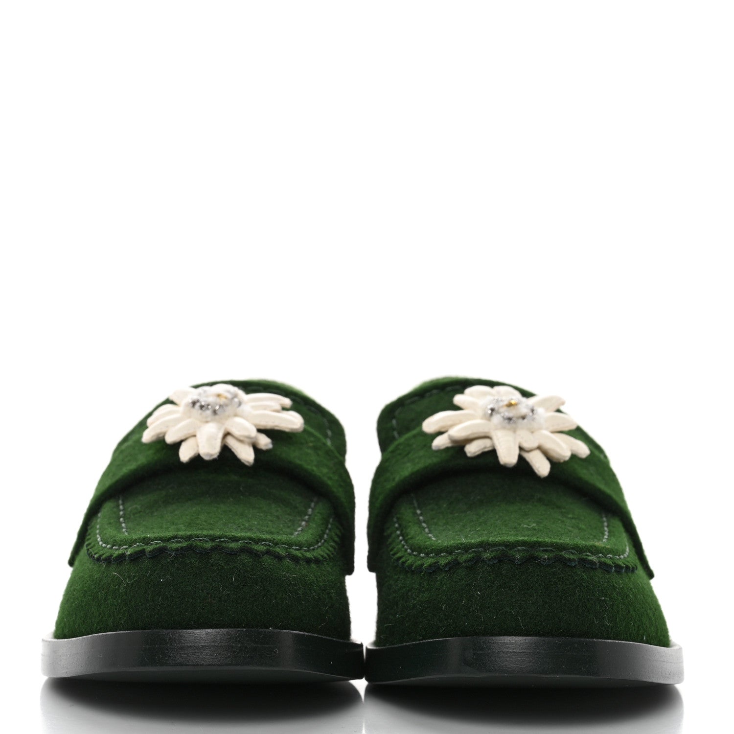 Chanel Wool Felt Crystal Embellished Flower Loafers 38 Green 2 of 8