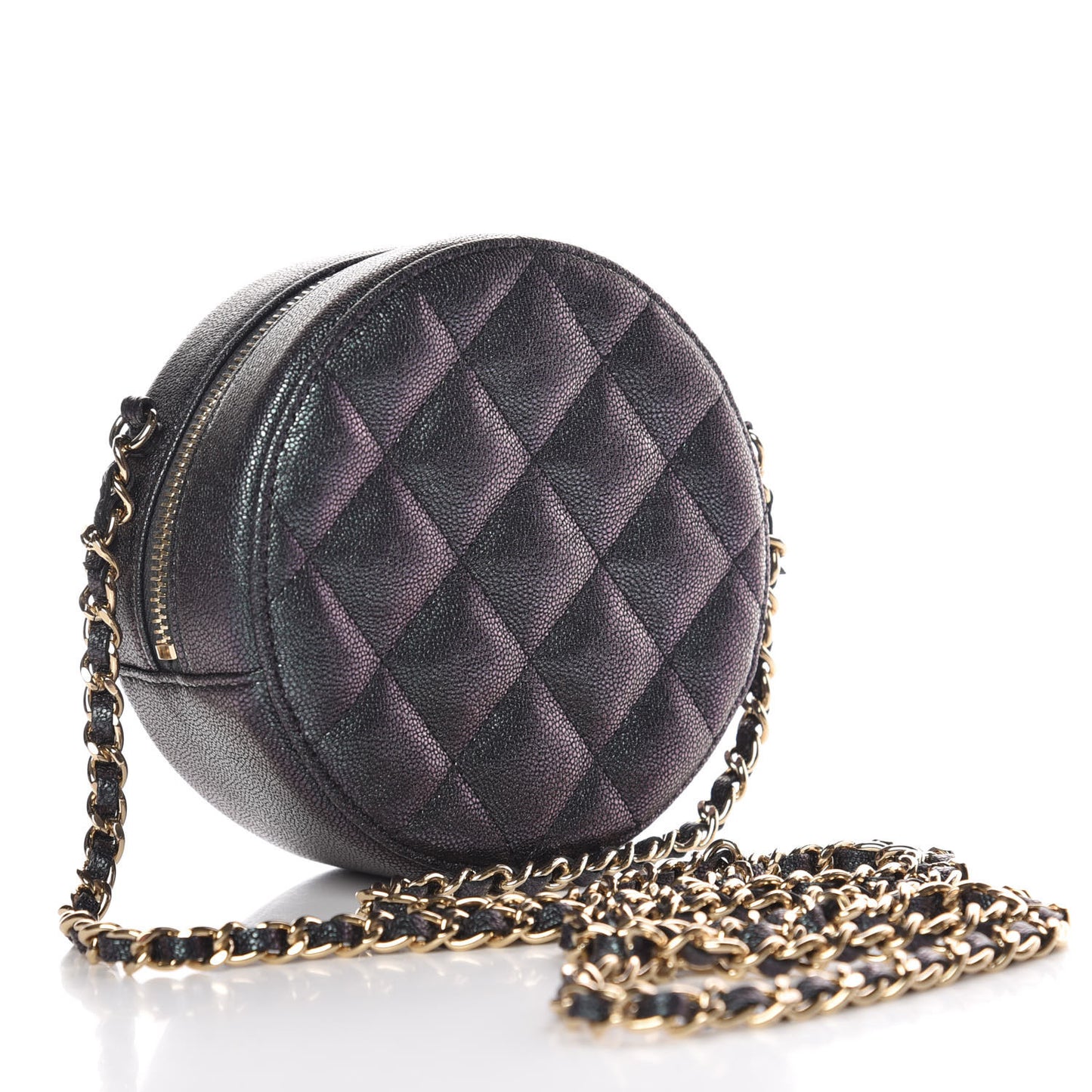 Iridescent Caviar Quilted Round Clutch With Chain Black