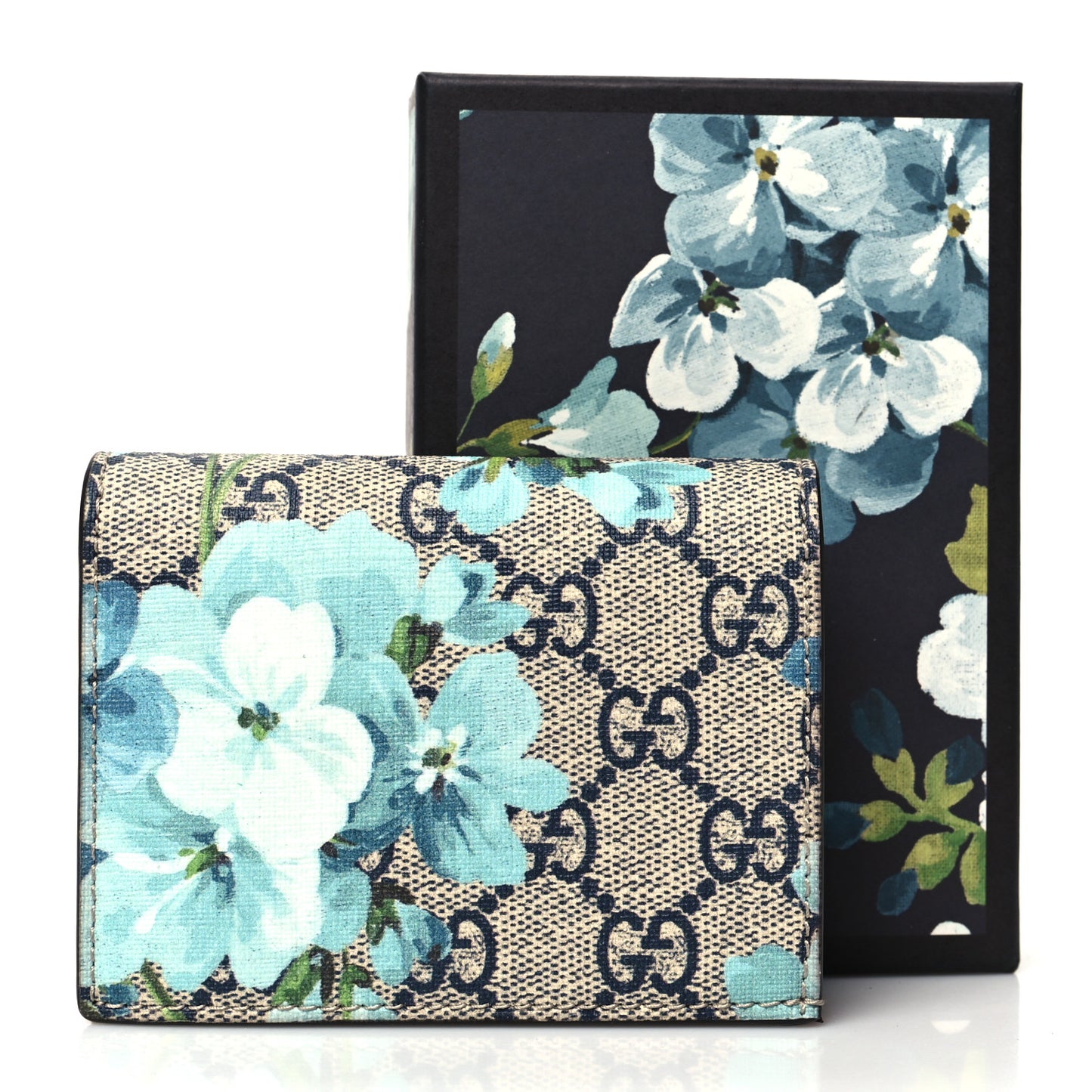 GG Supreme Monogram Blooms Card Case Beige Blue Navy Hibiscus Red