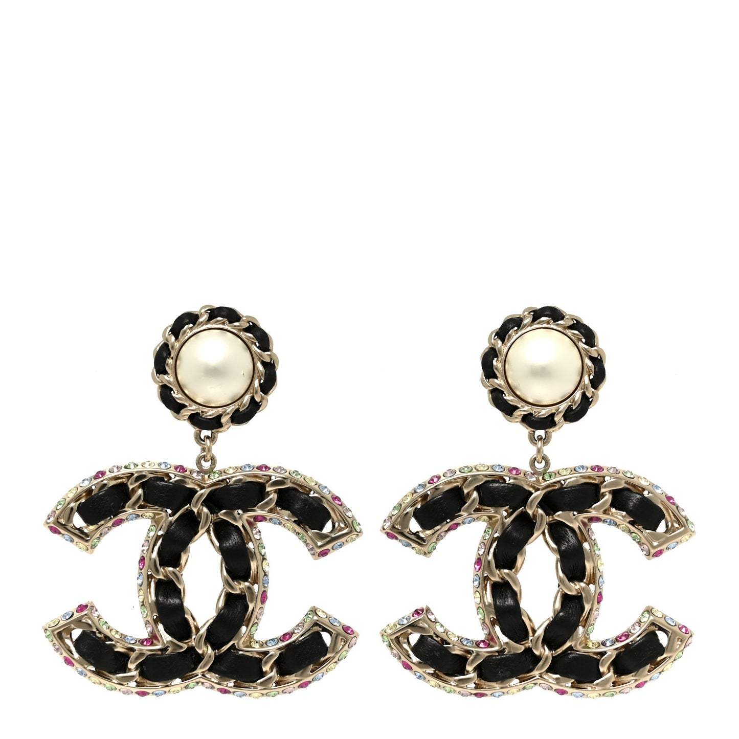 Pearl Lambskin Crystal Chain CC Drop Earrings Black Gold Multicolor