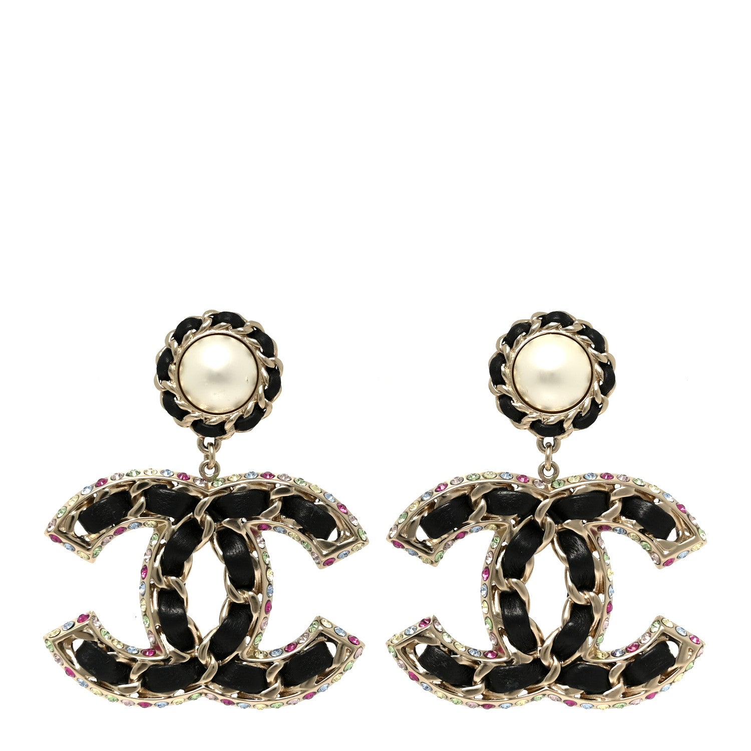 Chanel Pearl Lambskin Crystal Chain CC Drop Earrings Black Gold Multicolor 1 of 5