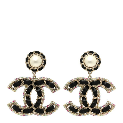 Chanel Pearl Lambskin Crystal Chain CC Drop Earrings Black Gold Multicolor 1 of 5