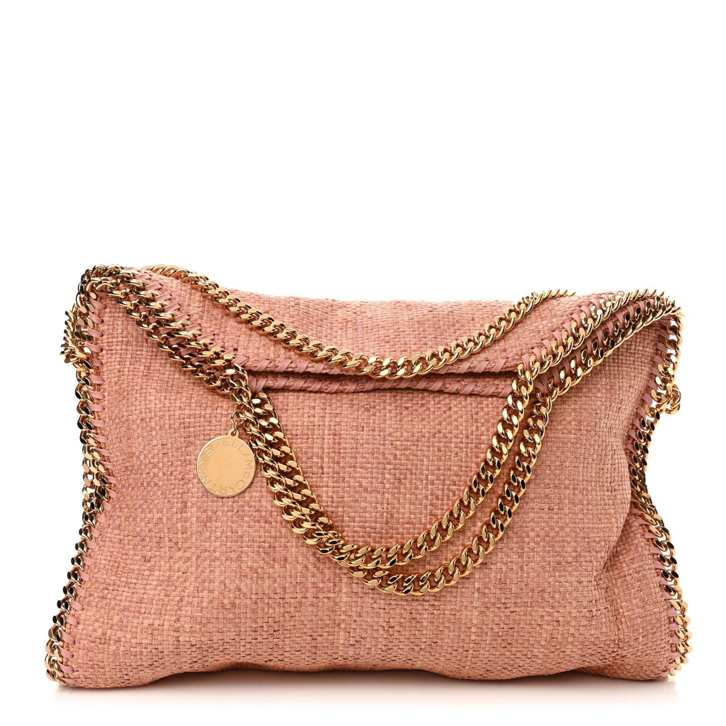 Woven Raffia Falabella Fold Over Tote Pink Gold