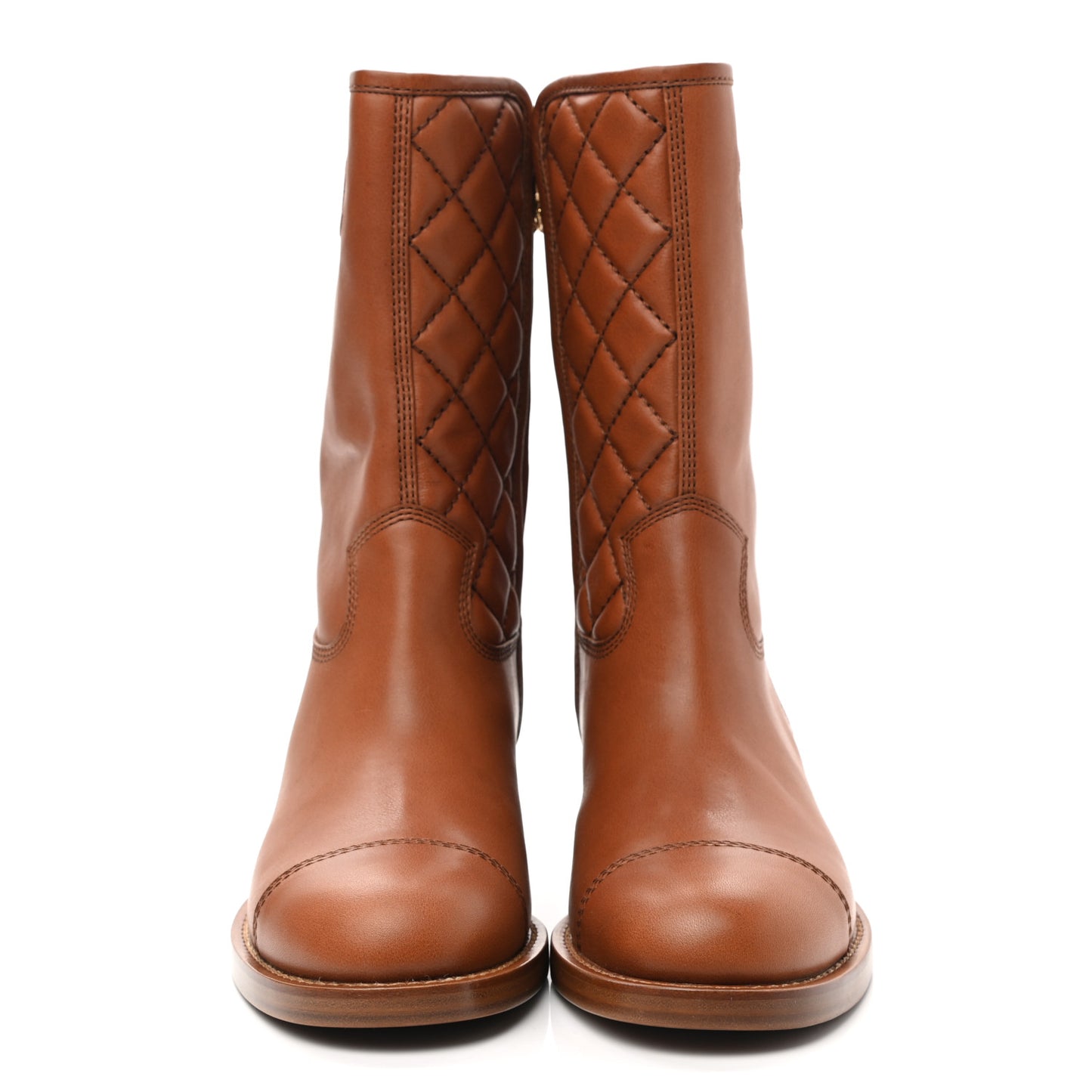 Calfskin CC Logo Mid Calf Boots 38.5 Caramel