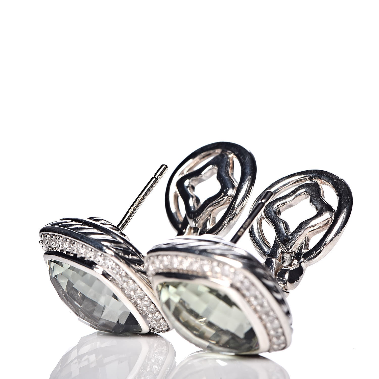 David Yurman Sterling Silver Diamond Prasiolite 11mm Albion Earrings 3 of 4