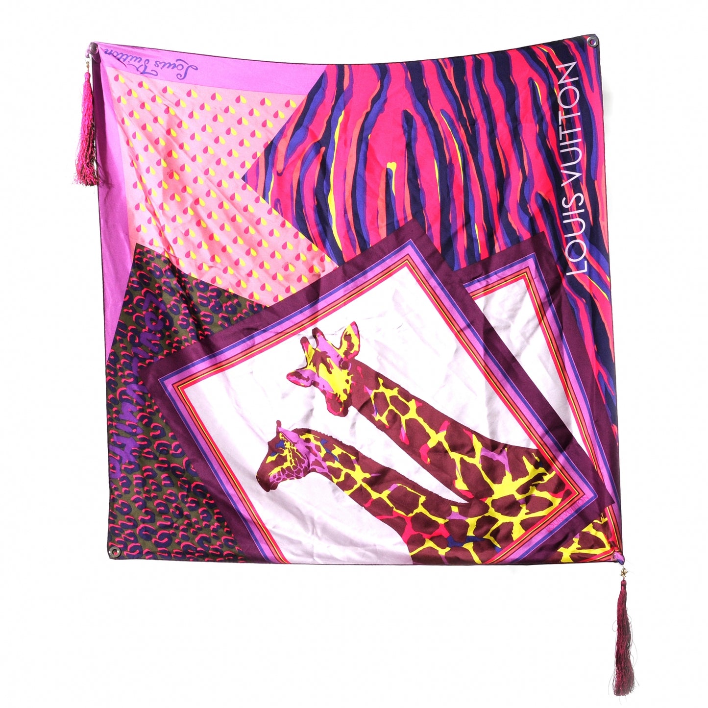 Silk Leopard Giraffe Pompons Square Scarf