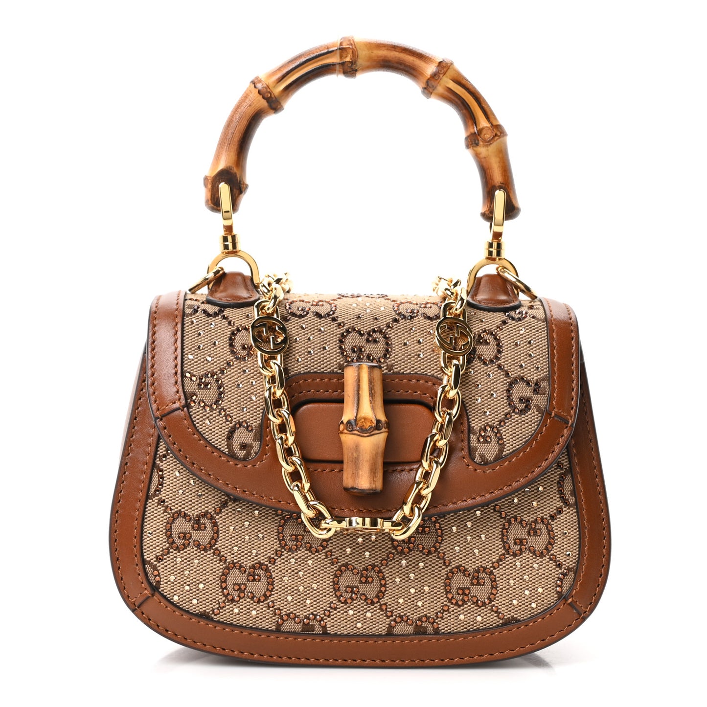 New Canvas Charisma Calfskin Crystal GG Monogram Small Bamboo 1947 Top Handle Bag Camel Ebony