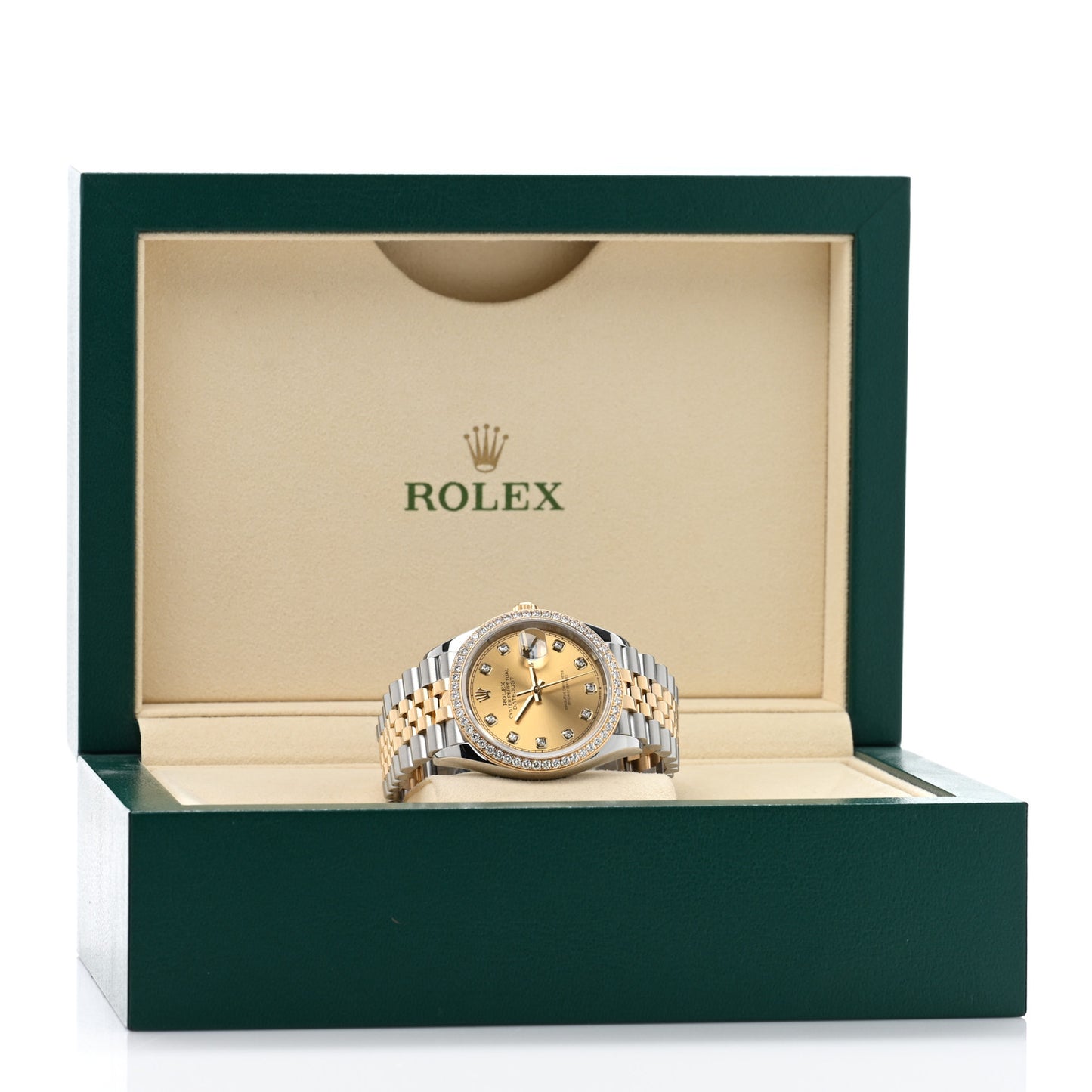 Stainless Steel 18K Yellow Gold Diamond Bezel 36mm Oyster Perpetual Datejust Watch Champagne 126283RBR