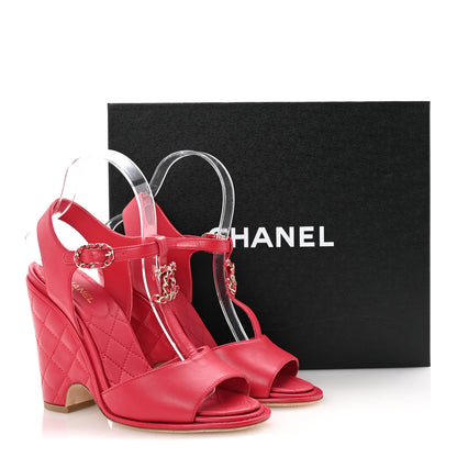 Chanel Lambskin Quilted Chain CC Wedge Sandals 38 Red 10 of 10