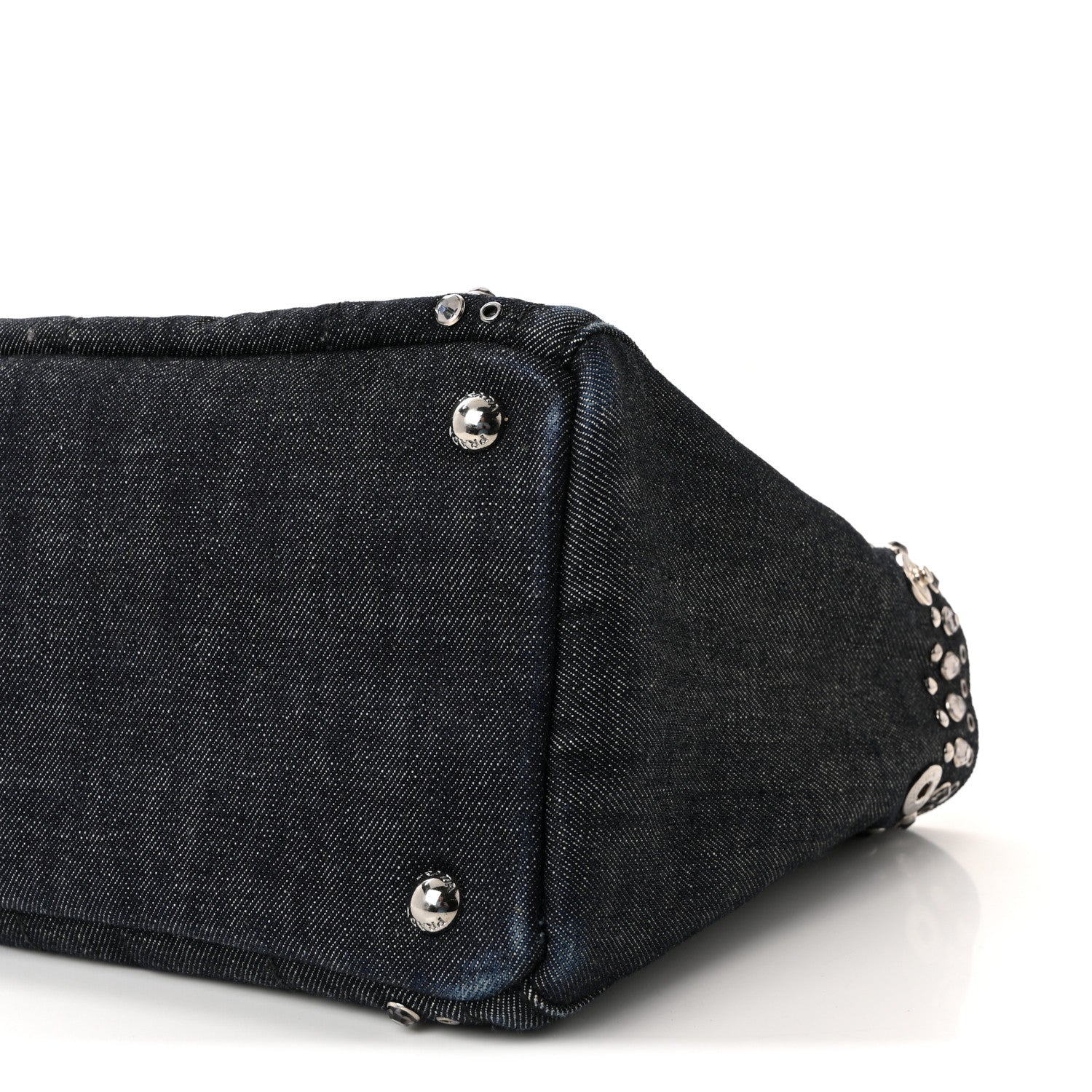 Prada Canapa Denim Crystal Rivet Studded Tote Avio 1809091