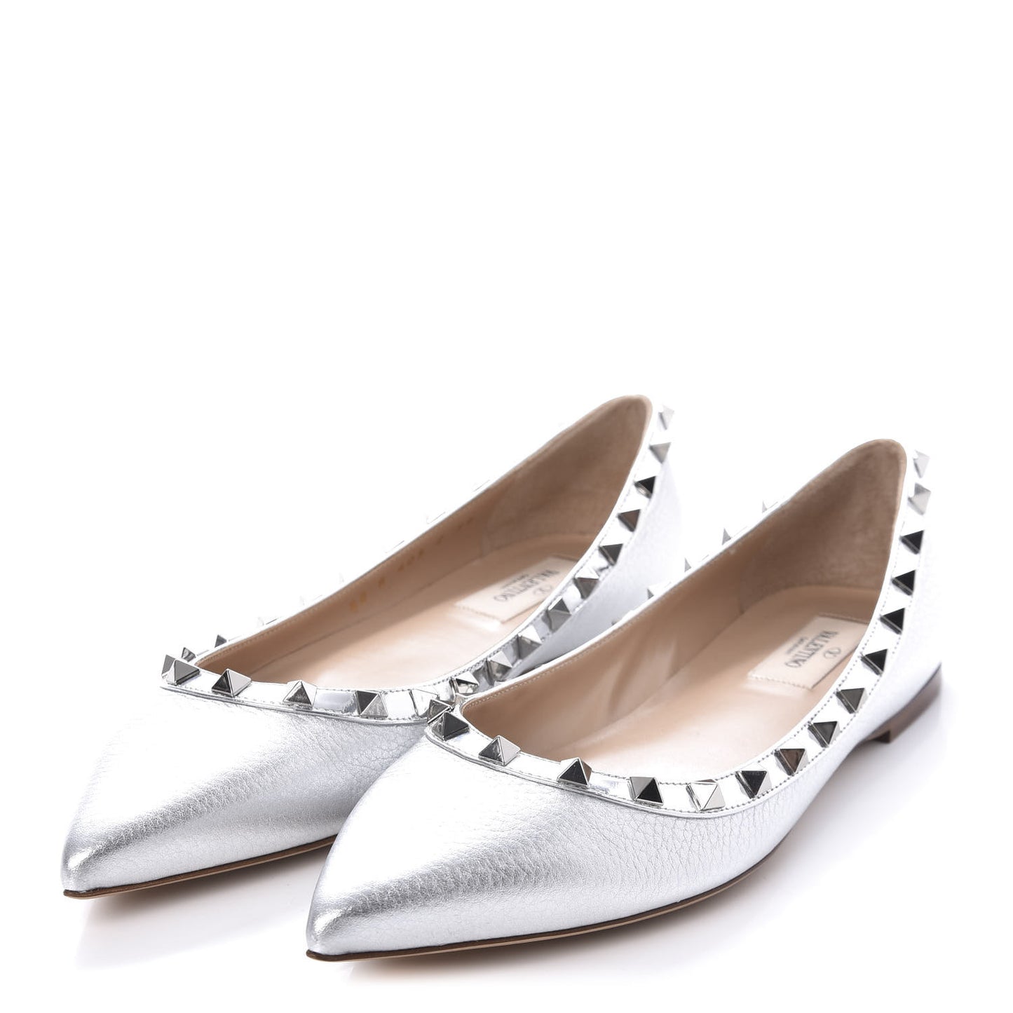 Metallic Pebbled Calfskin Rockstud Ballerina Flats 39 Silver