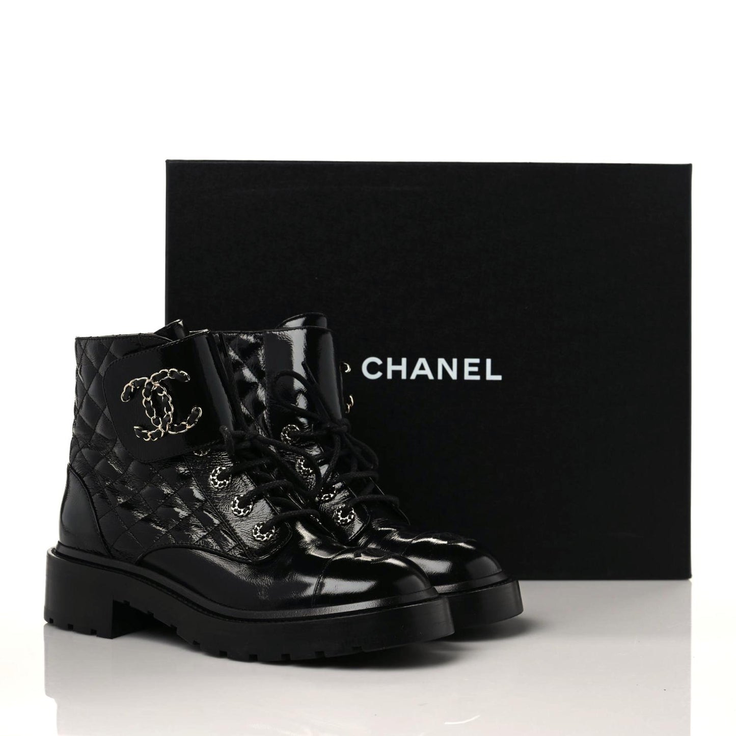 Shiny Calfskin Quilted Lace Up Combat Boots 38 Black