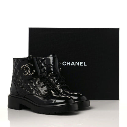 Chanel Shiny Calfskin Quilted Lace Up Combat Boots 38 Black 8 of 8