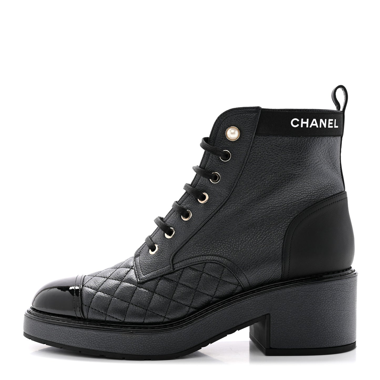 Pearly Calfskin Patent Calfskin Lace Up Combat Boots 40.5 Black