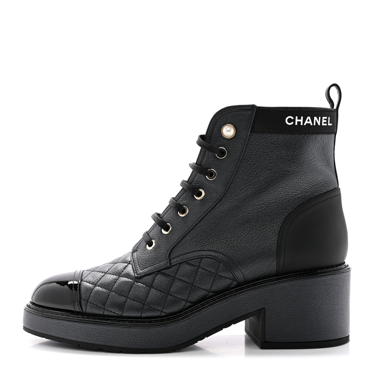 Chanel Pearly Calfskin Patent Calfskin Lace Up Combat Boots 40.5 Black 1 of 14