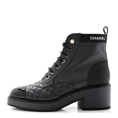 Chanel Pearly Calfskin Patent Calfskin Lace Up Combat Boots 40.5 Black 1 of 14