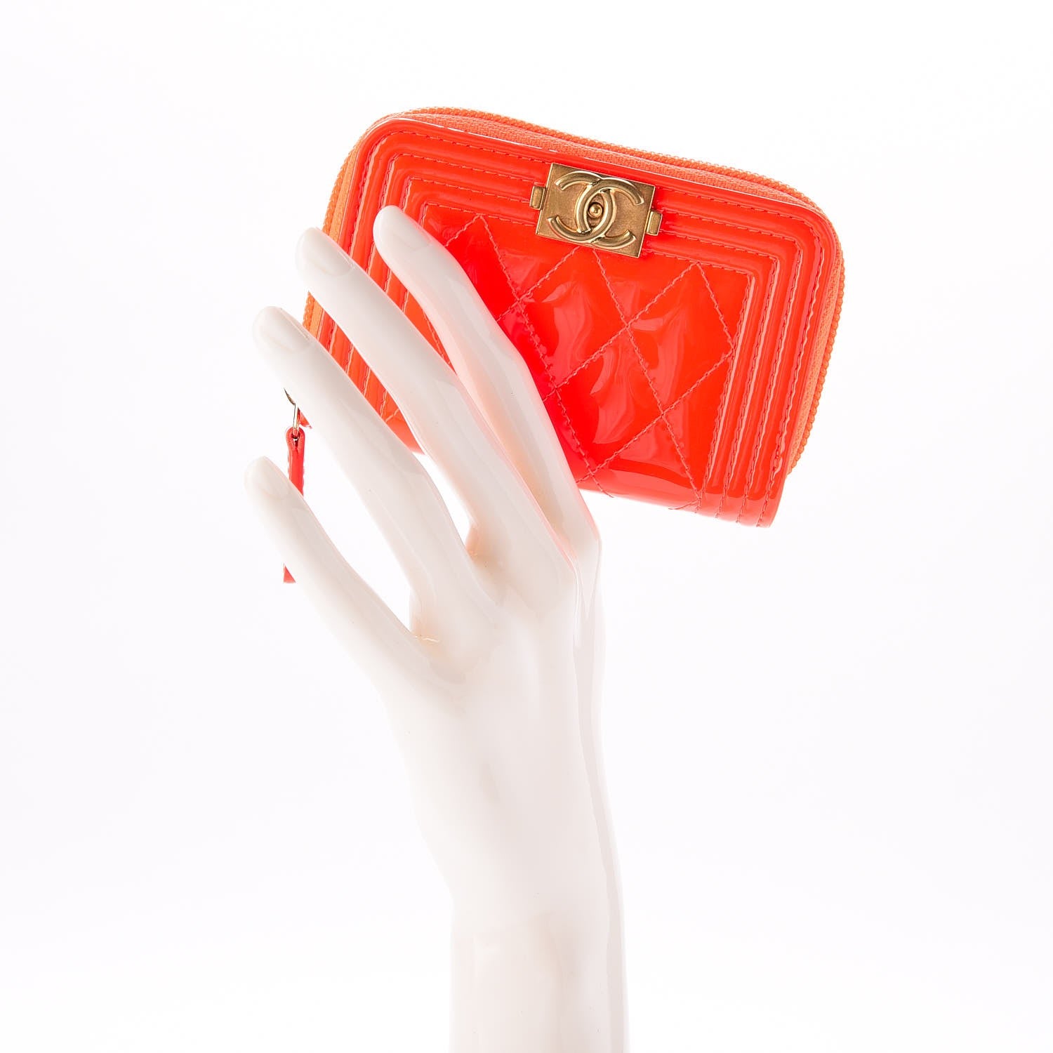 Chanel Patent Quilted Boy Zip Around Coin Purse Wallet Orange 2 of 8
