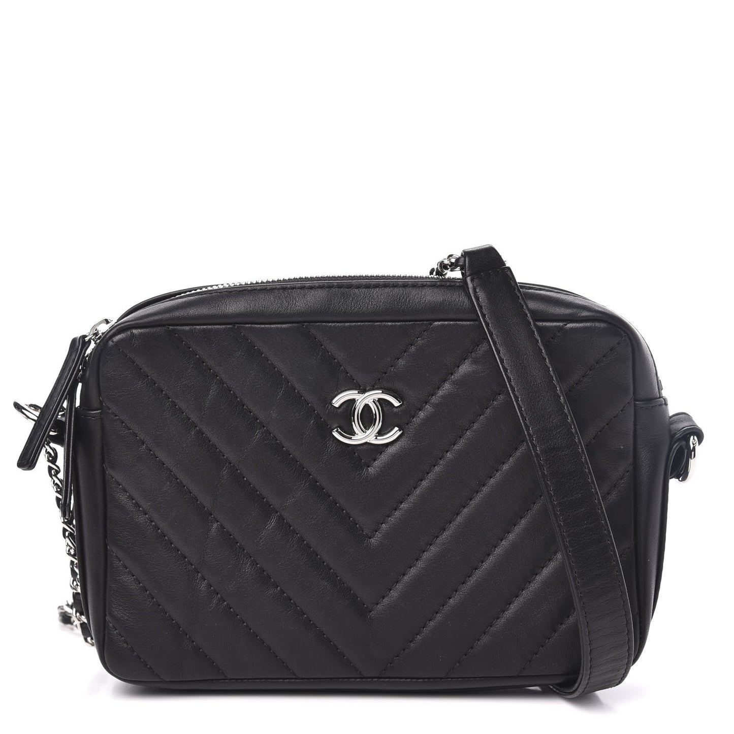 Lambskin Chevron Quilted Small Promenade Camera Black