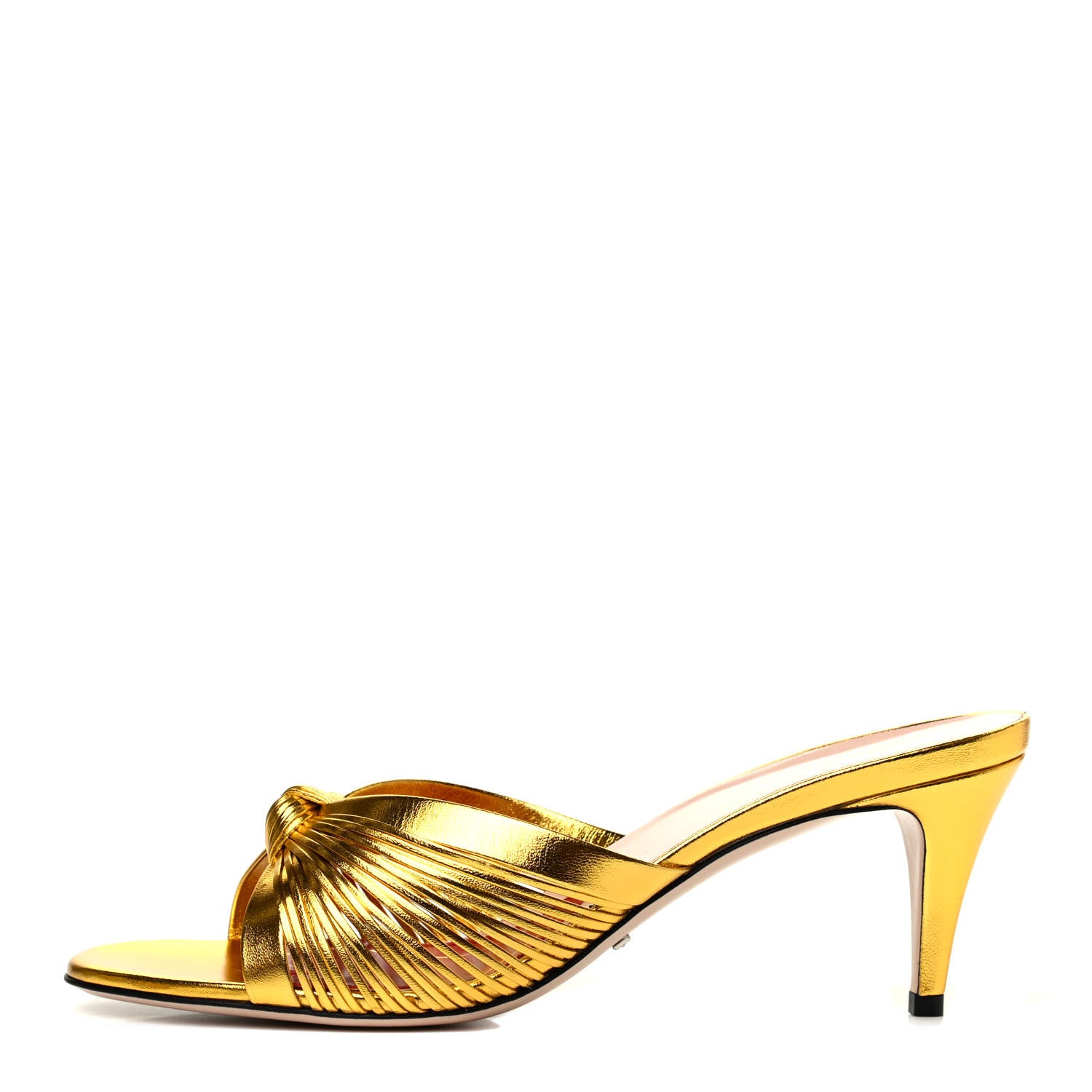 Gucci Metallic Nappa Crawford Knot Mid Heel Slide Sandals 41 Gold 1 of 4