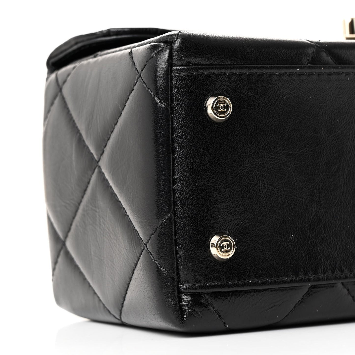 Shiny Calfskin Quilted Top Handle Box Bag Black