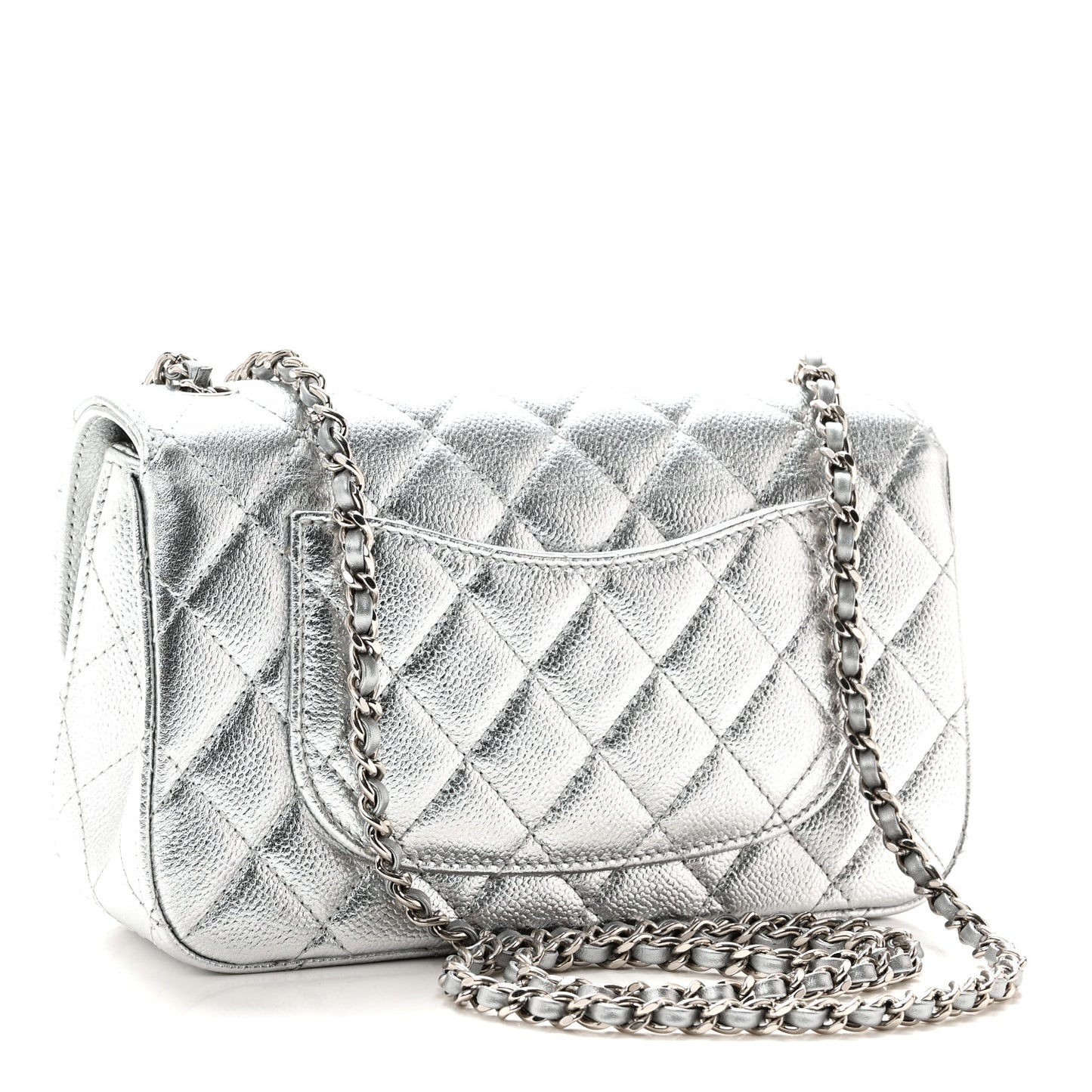 Metallic Caviar Quilted Mini Rectangular CC Slide Flap Silver