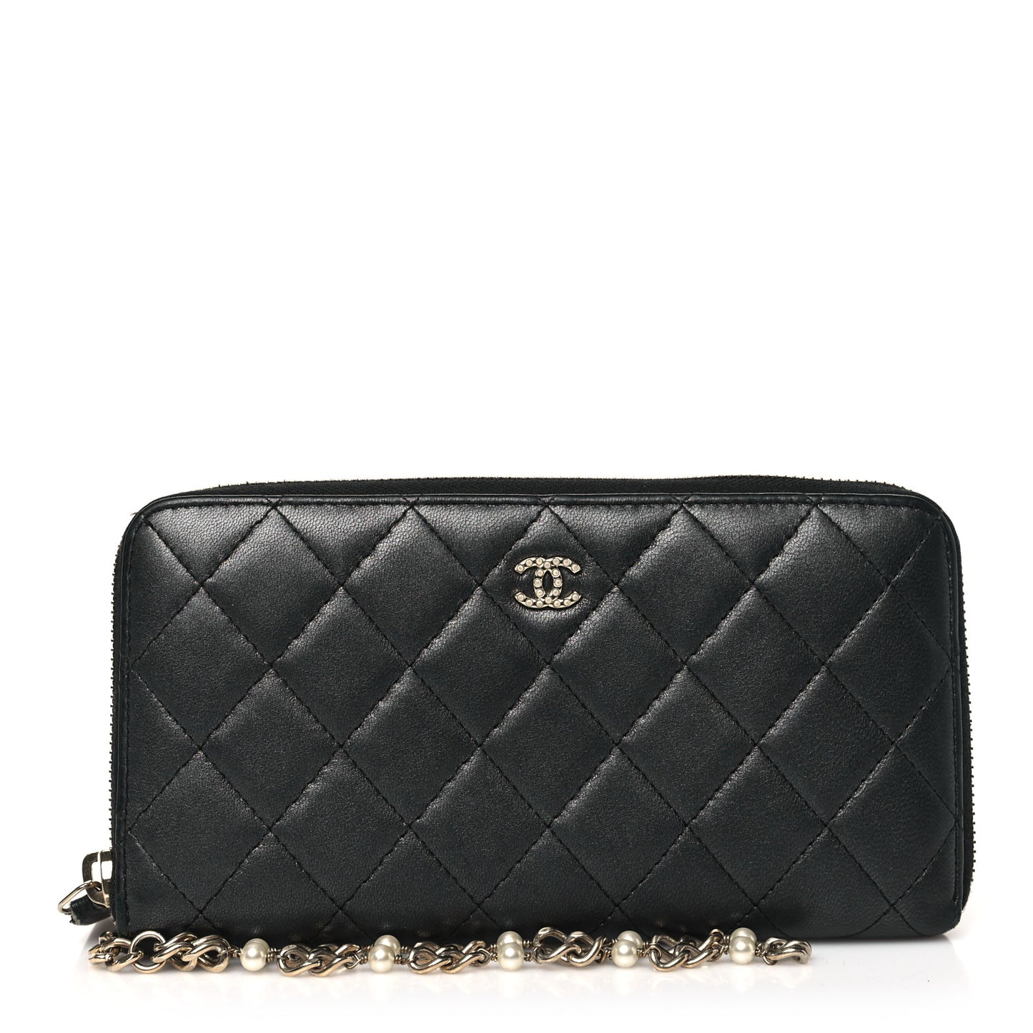 Lambskin Zip Around Large Gusset Wallet With Pearl Chain Black