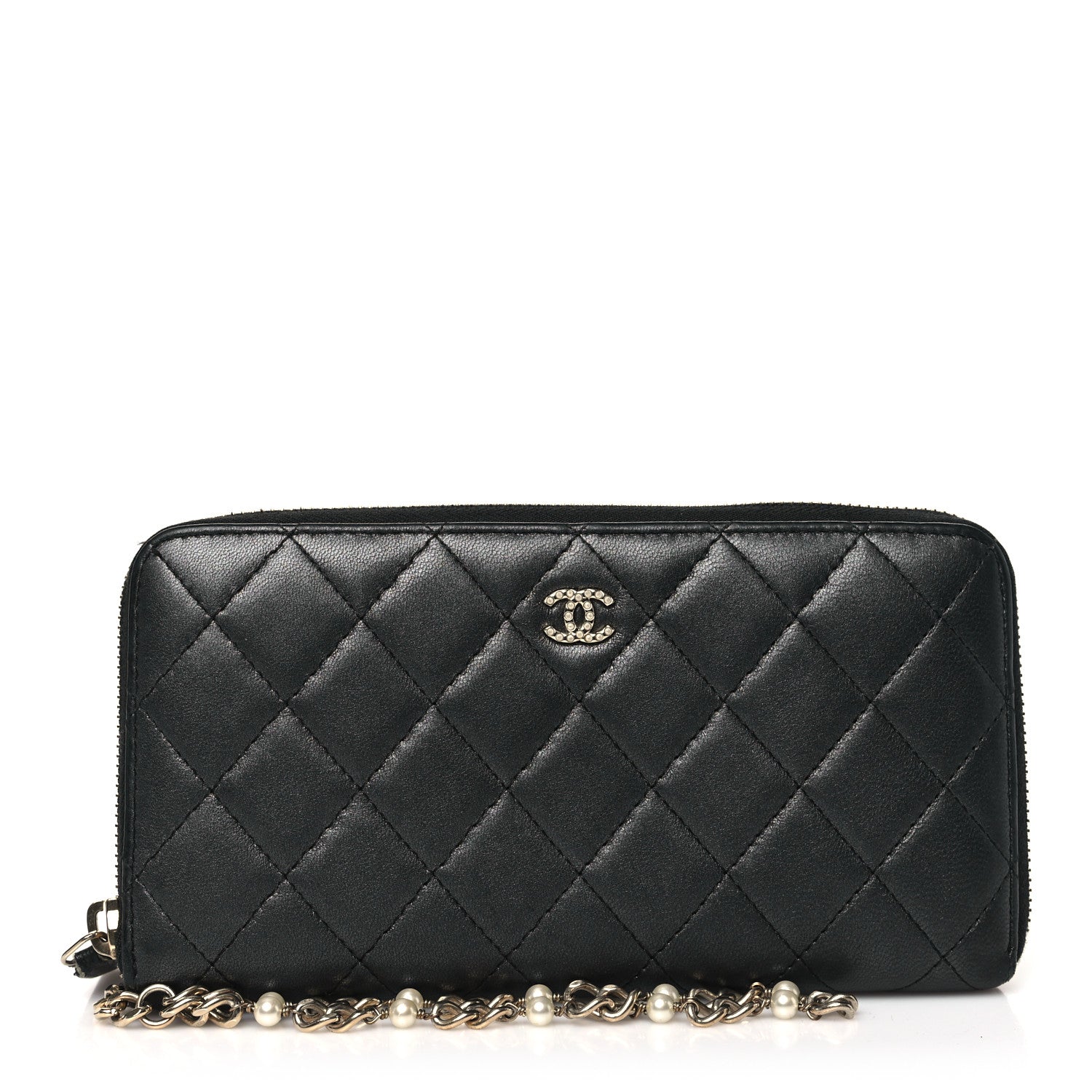 Chanel Lambskin Zip Around Large Gusset Wallet With Pearl Chain Black 1 of 10