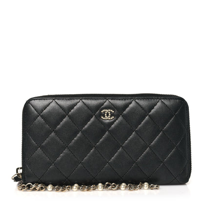 Chanel Lambskin Zip Around Large Gusset Wallet With Pearl Chain Black 1 of 10