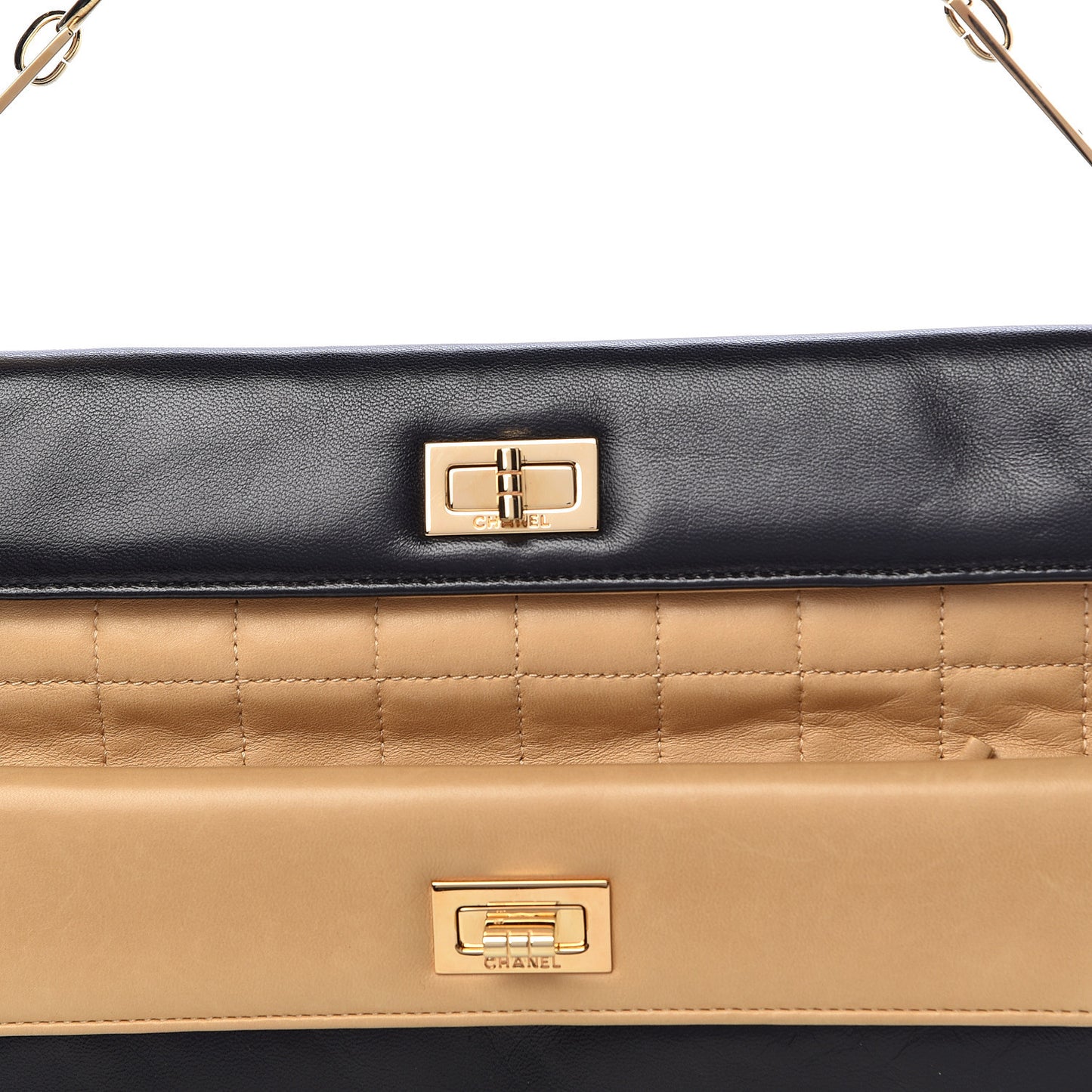 Lambskin Chocolate Bar Mademoiselle Double Flap Clutch Beige Black