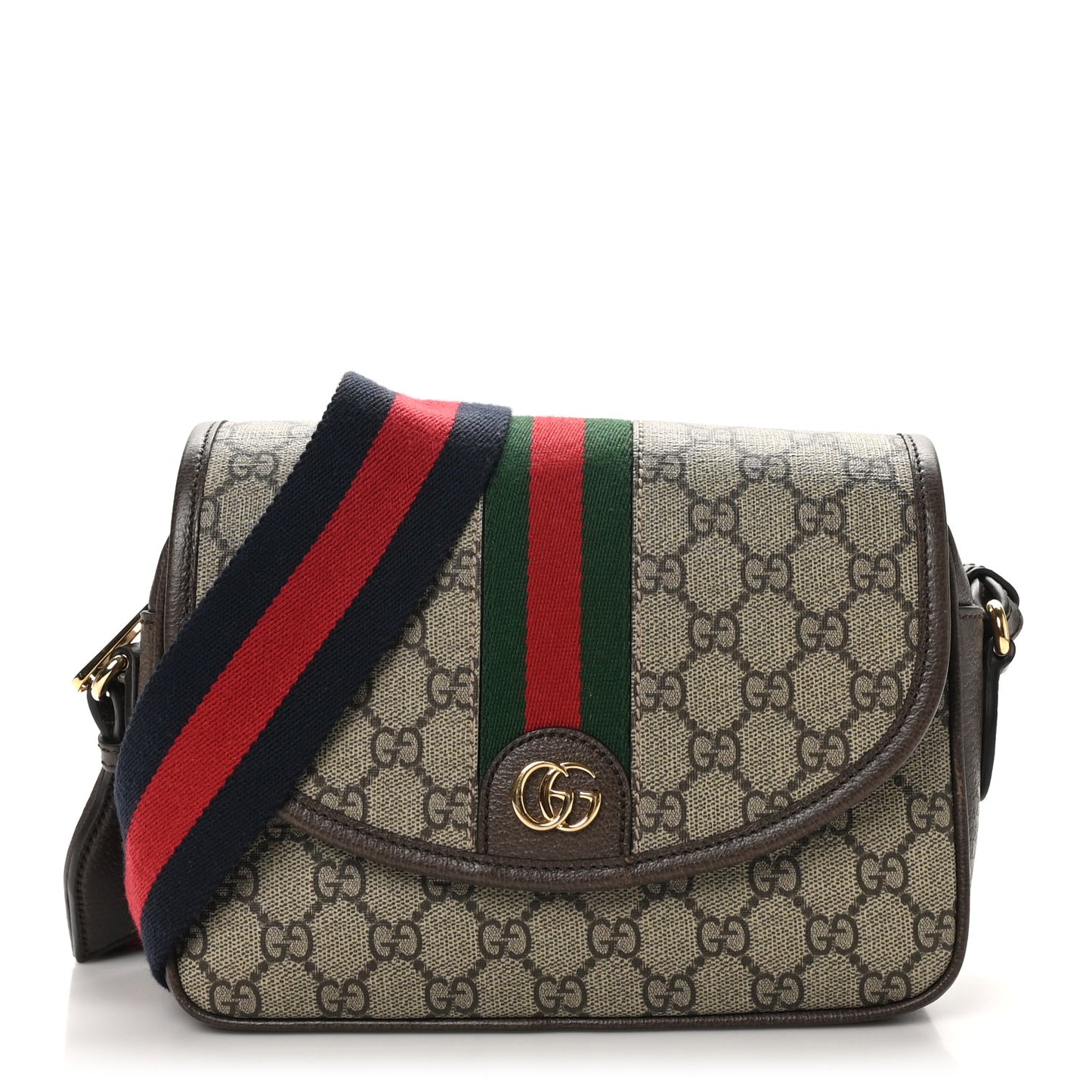 GG Supreme Monogram Textured Dollar Calfskin Web Studded Mini Ophidia Flap Shoulder Bag Beige Ebony New Acero