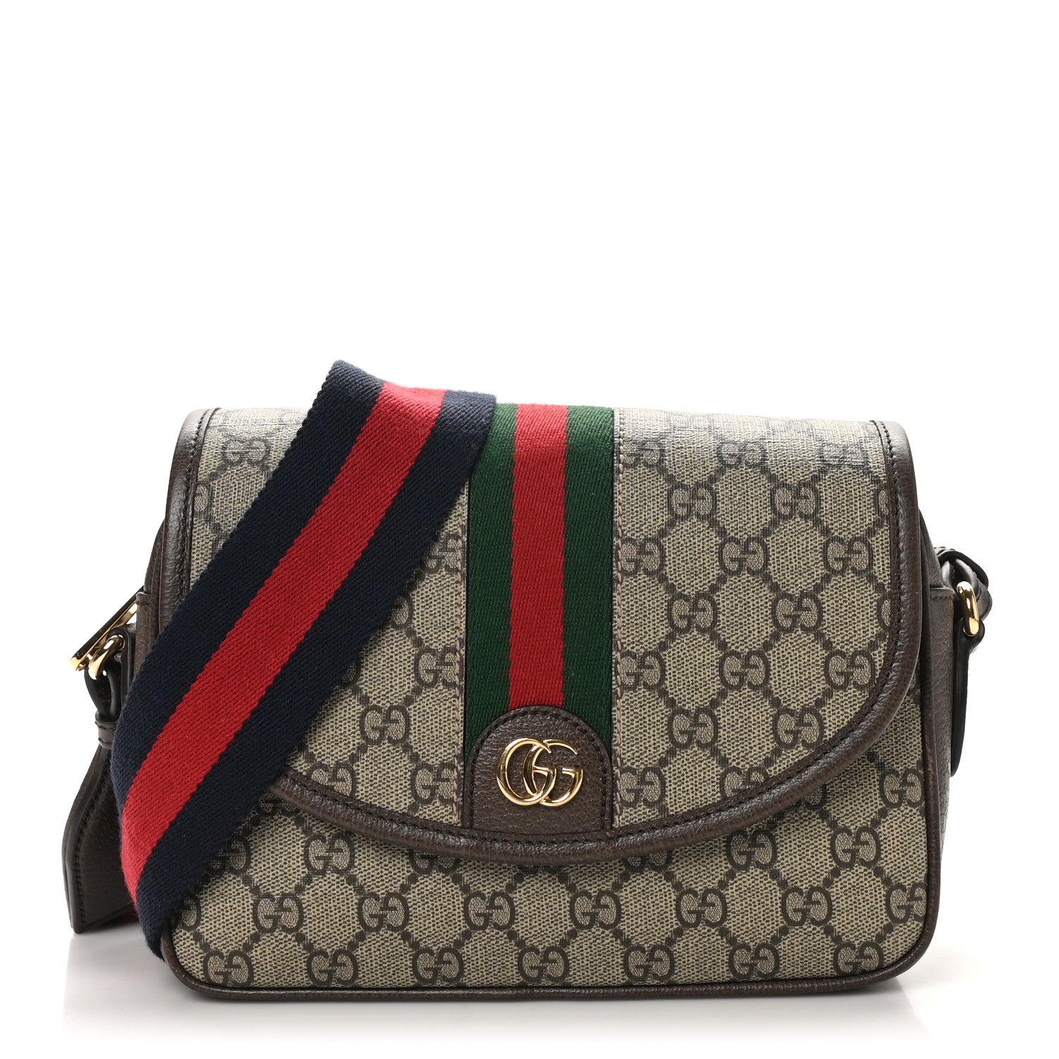 Gucci GG Supreme Monogram Textured Dollar Calfskin Web Studded Mini Ophidia Flap Shoulder Bag Beige Ebony New Acero 1 of 10