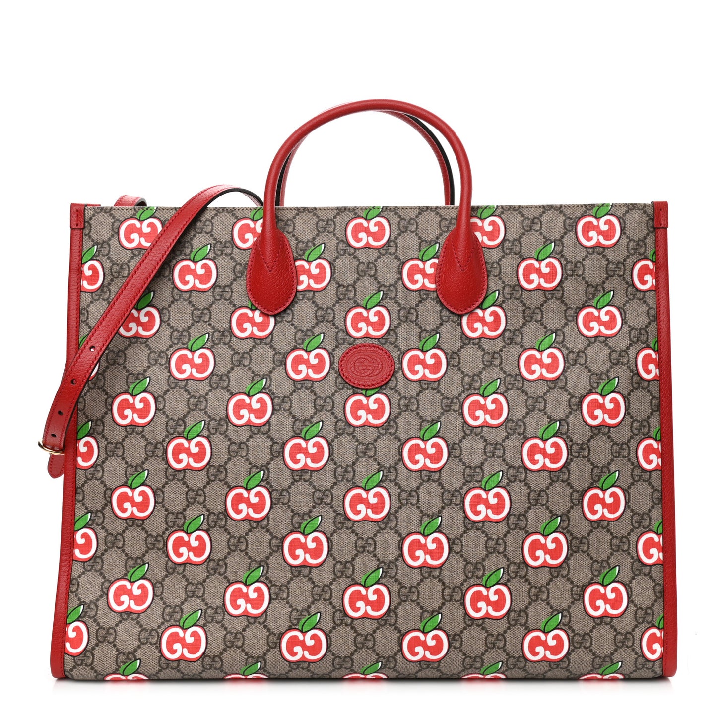 GG Supreme Monogram Apple Dollar Calfskin Large Retro Interlocking G Tote Bag Beige Ebony Multicolor Lobster Red
