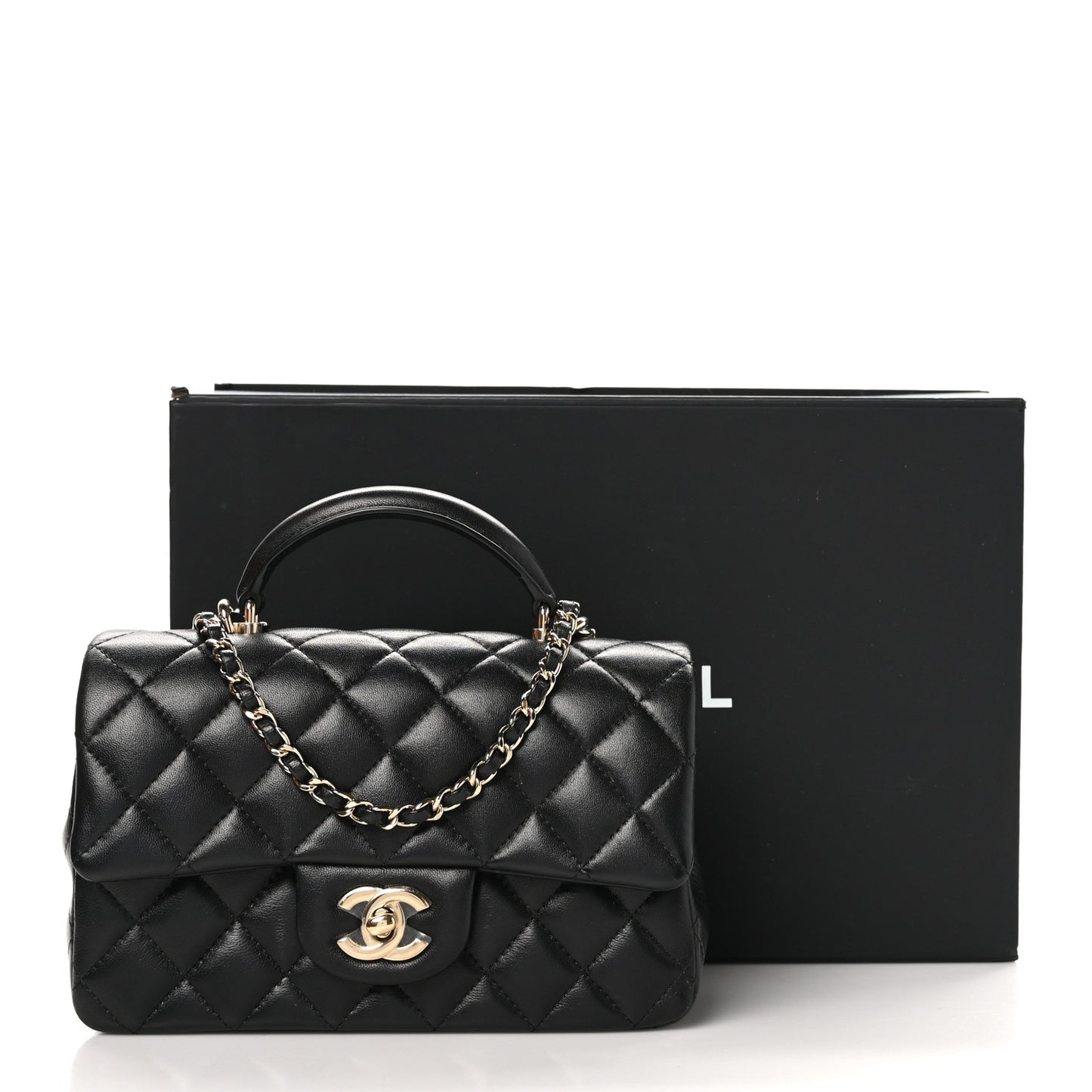 Lambskin Quilted Mini Top Handle Rectangular Flap Black
