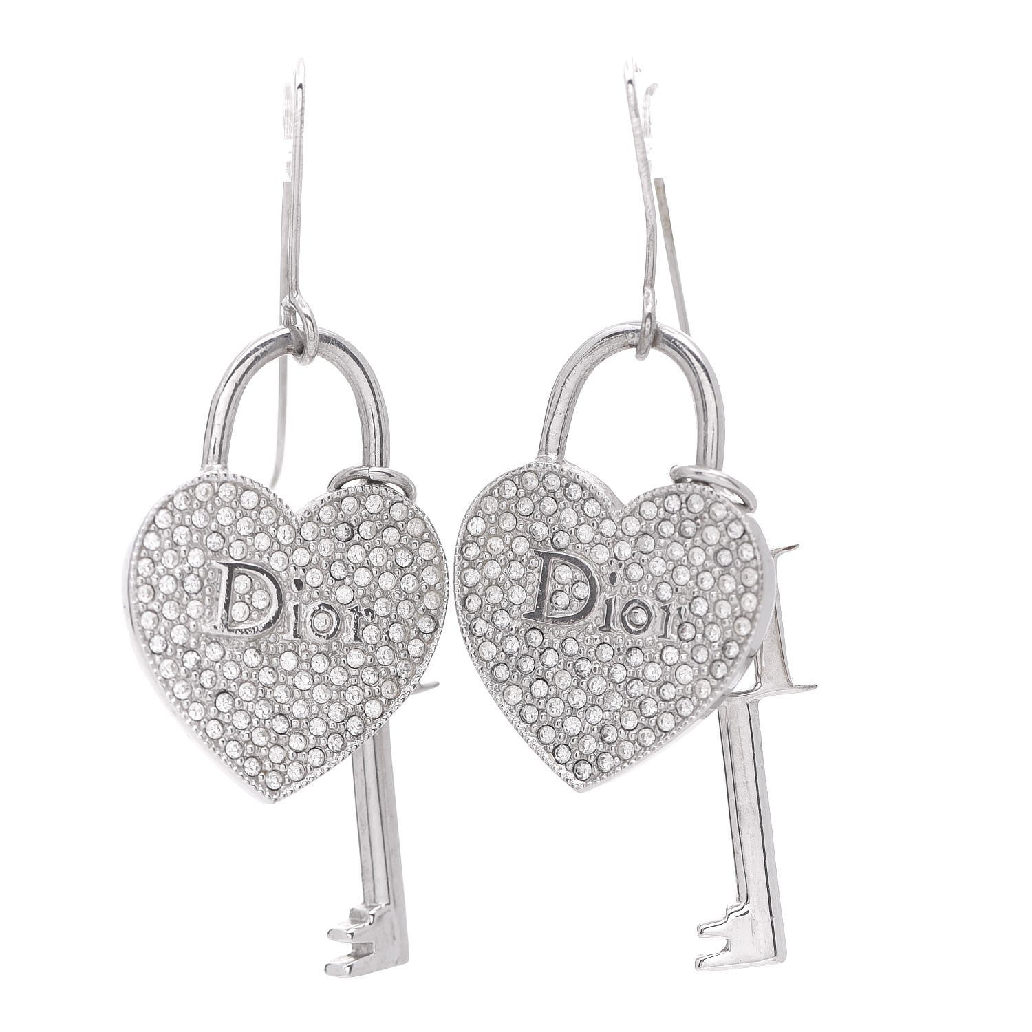 Christian Dior Crystal Trotter Romantique Heart Lock Earrings Silver 1 of 3