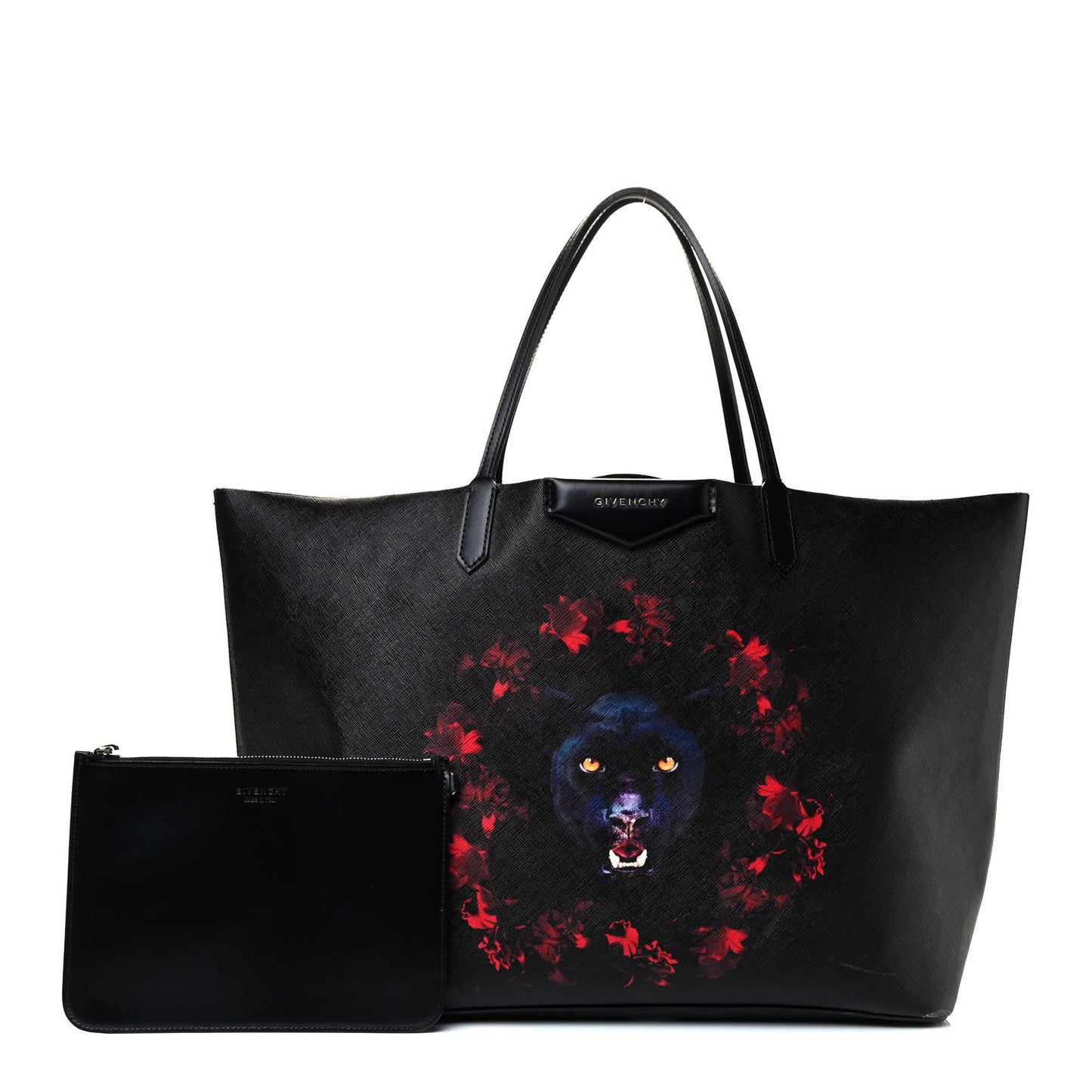 Textured Coated Canvas Panther Print Large Antigona Tote Black