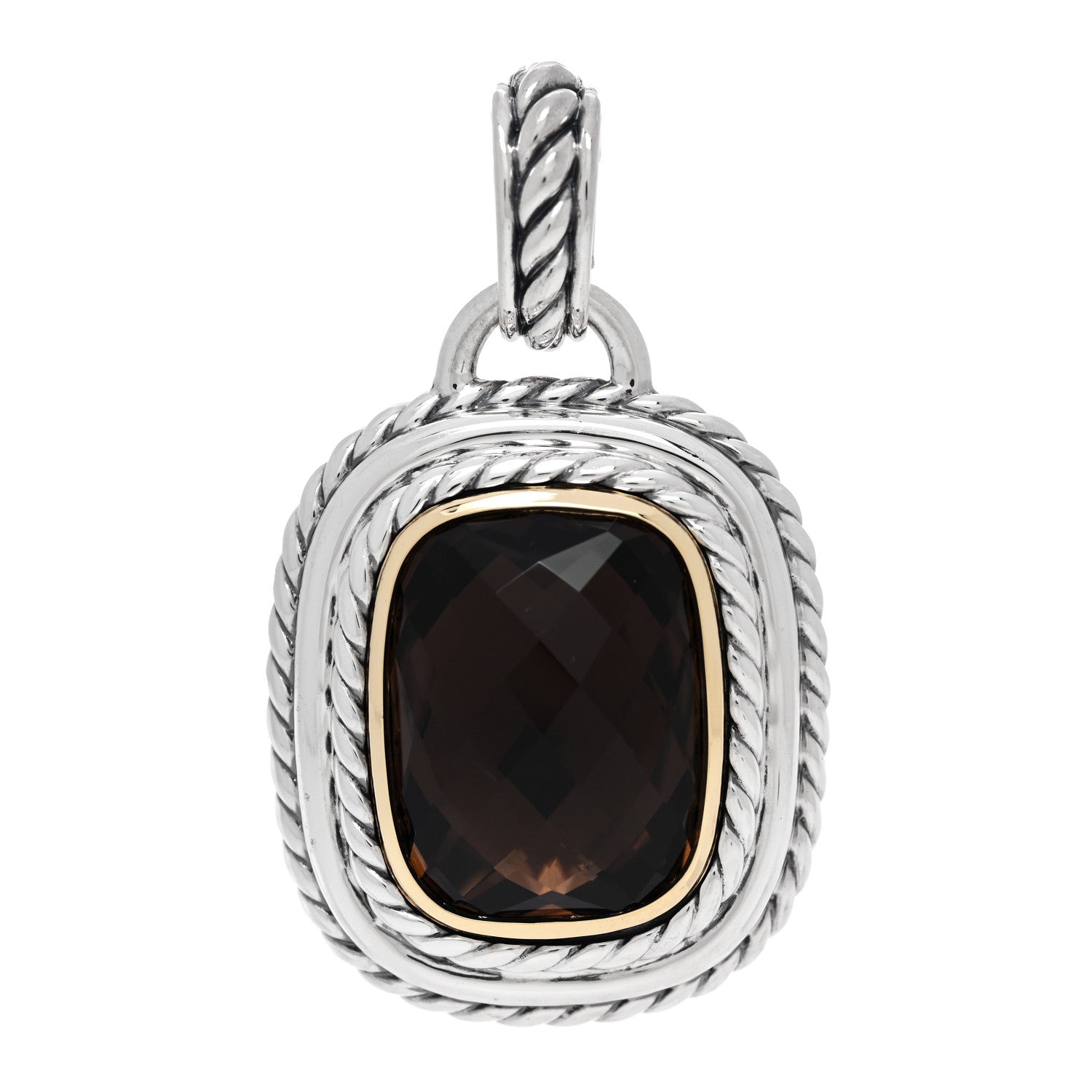 David Yurman Sterling Silver 18K Yellow Gold Smoky Quartz 20mm Albion Enhancer Pendant 1 of 4