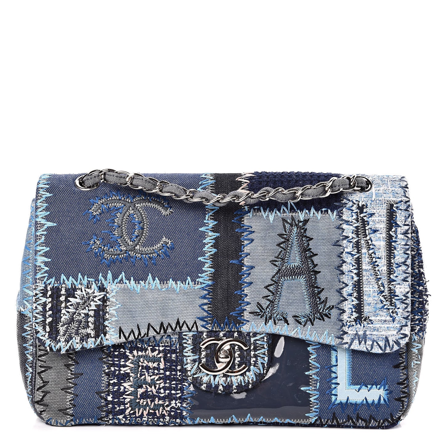 Denim Tweed Patchwork Jumbo Single Flap Blue