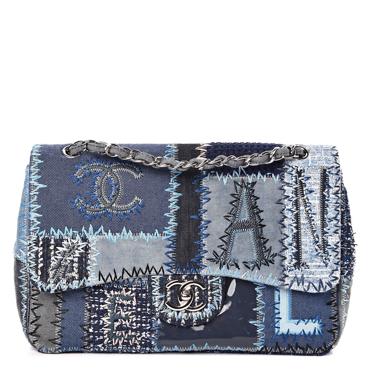 Chanel Denim Tweed Patchwork Jumbo Single Flap Blue 1 of 13