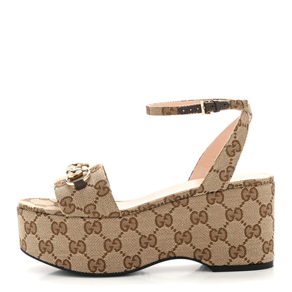 Gucci Monogram Nappa Chalotte Horsebit Ankle Strap 75mm Flatform Sandals 35 Beige Ebony 1 of 9