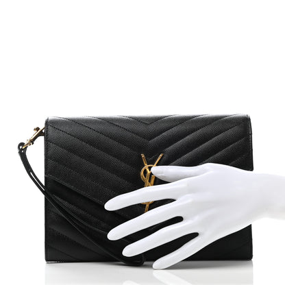 Saint Laurent Grain De Poudre Matelasse Chevron Monogram Envelope Clutch Black 3 of 9