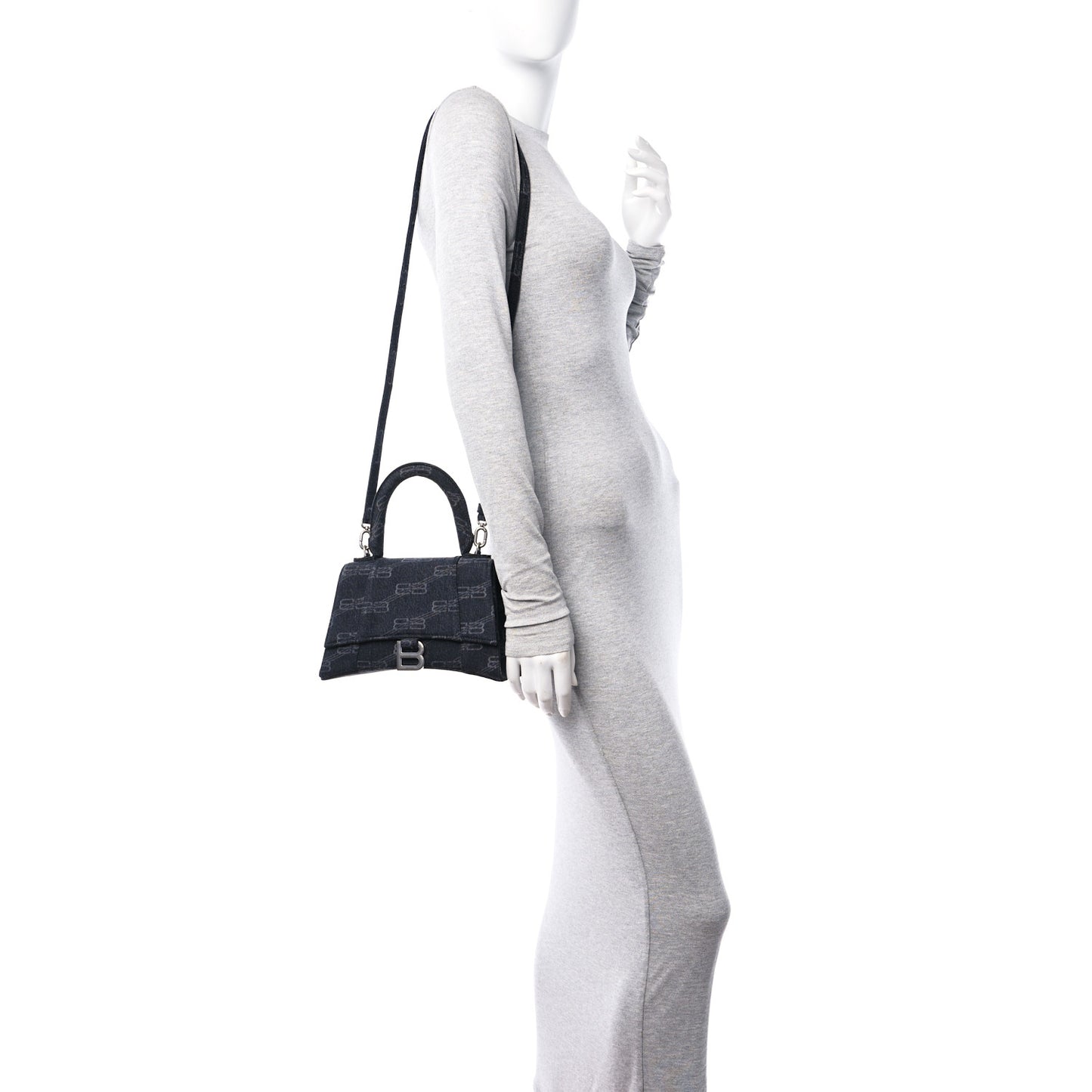 Washed Denim BB Monogram Small Hourglass Top Handle Bag Black