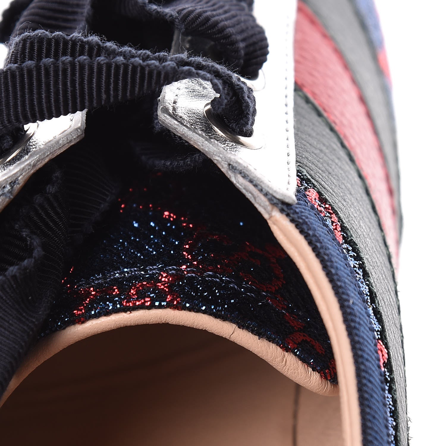 Gucci Lurex Calfskin Web GG Monogram Womens Falacer Sneakers 38.5 Iridescent Blue Iridescent Red Silver 12 of 14