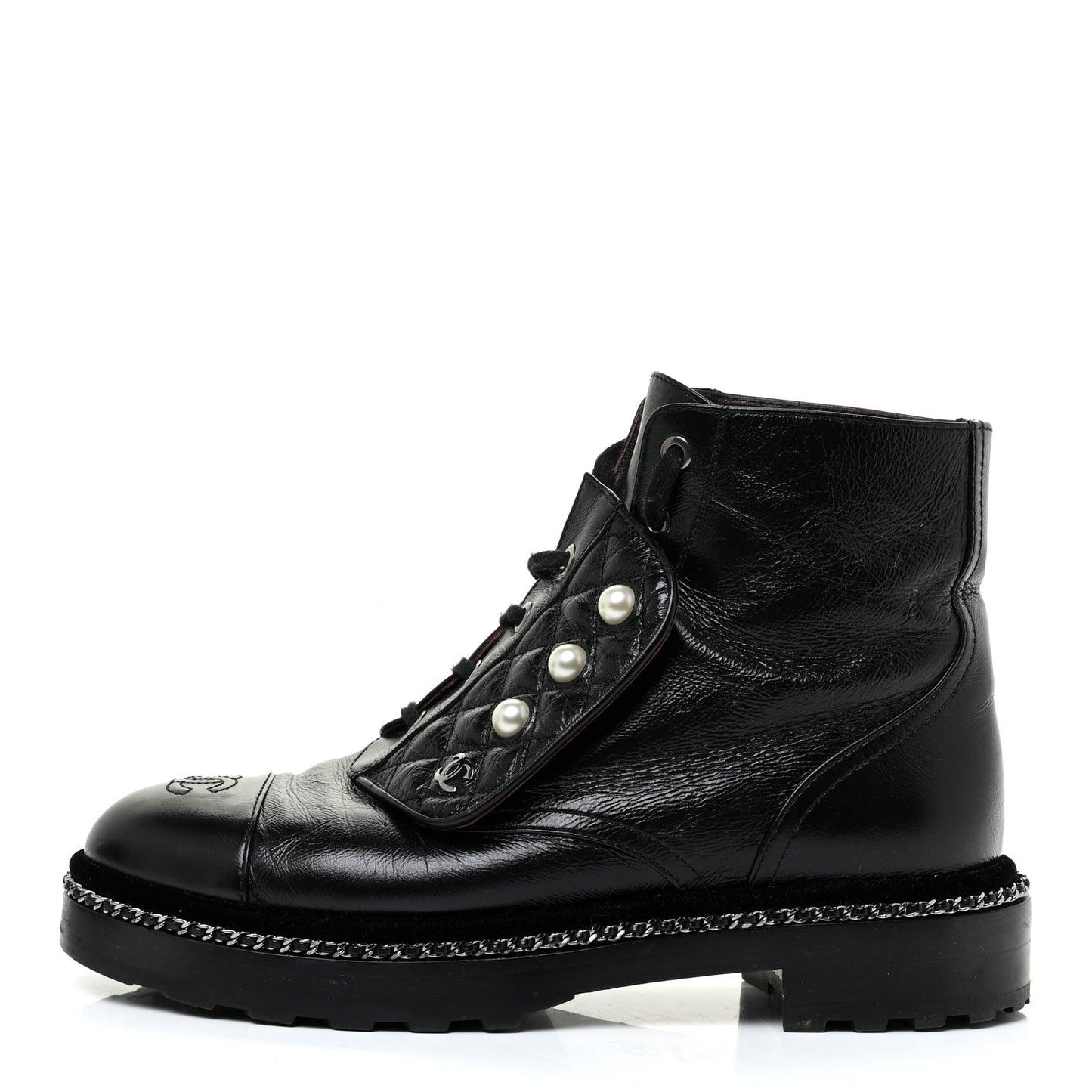 Crackled Calfskin Velvet Pearl Combat Short Boots 39 Black
