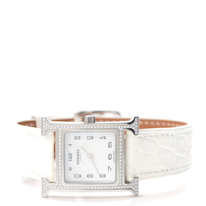 Hermes Stainless Steel Alligator Diamond Bezel Mother of Pearl 21mm Heure H Hour Quartz Watch Blanc 2 of 5