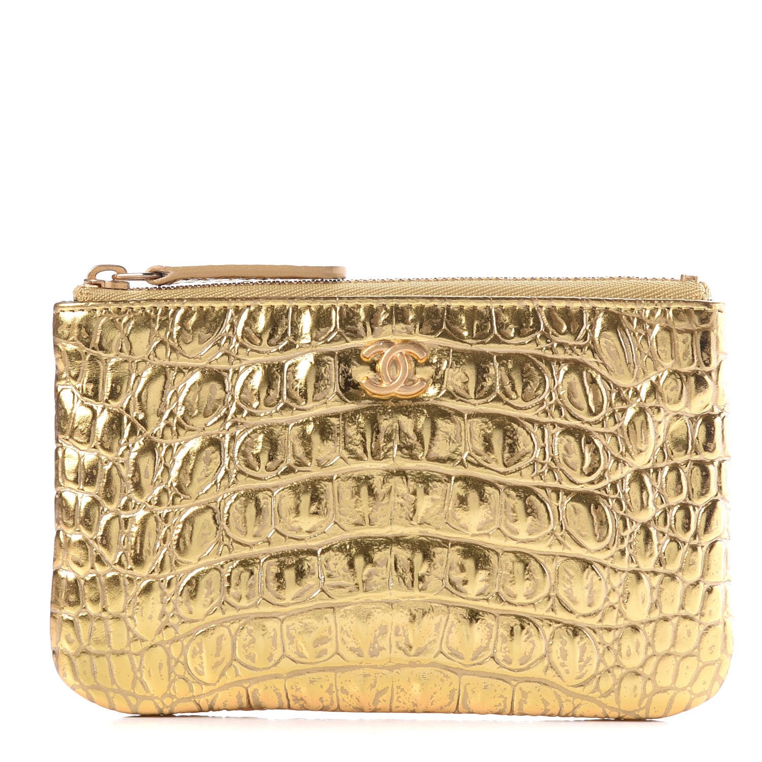 Chanel Metallic Calfskin Crocodile Embossed Cocodile Small Cosmetic Case Gold 1 of 10